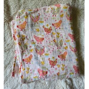 Mud Pie Floral Farm Chicken Print Muslin Swaddle Blanket Hens Chicks